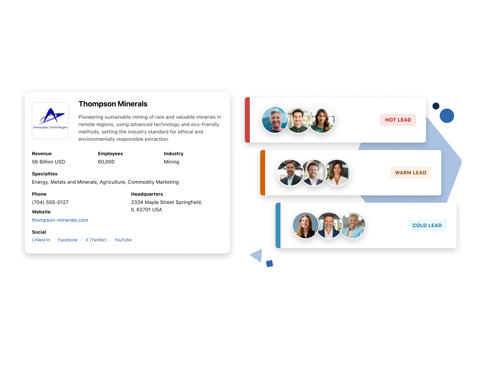 Competitive Edge. Map Your Show Sales Accelerator. Image shows a company profile with info such as a company description, logo, phone, etc. The image also shows users that are listed by their interest in the company.