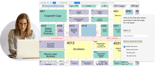 Woman looking at trade show floor plan. Map Your Show's Booth Sales and Floor Plan Event Management Technology