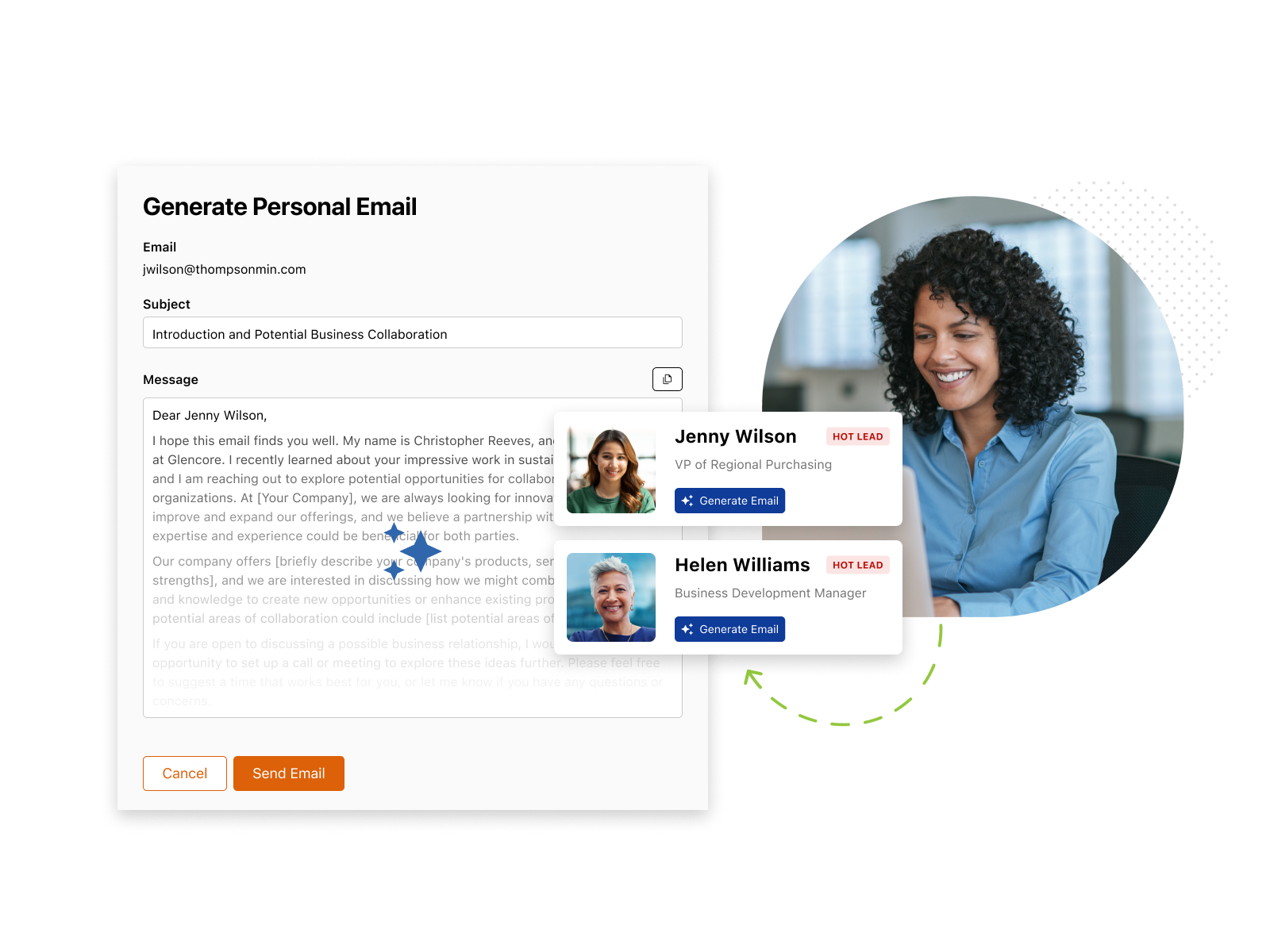 Personalized Outreach from Sales Accelerator. Map Your Show. Image shows the capability to create customized email messages for exhibitors to send leads.