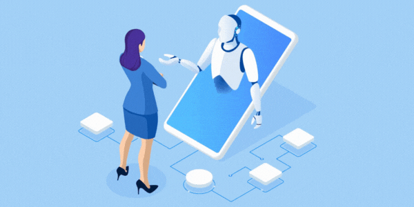 AI and how it can help your next trade show - gif of robot talking to female trade show manager