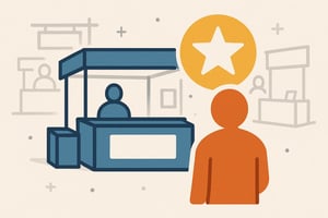 Priority points. Map Your Show Event Management Technology. image of cartoon exhibitor and attendee with a large gold star.